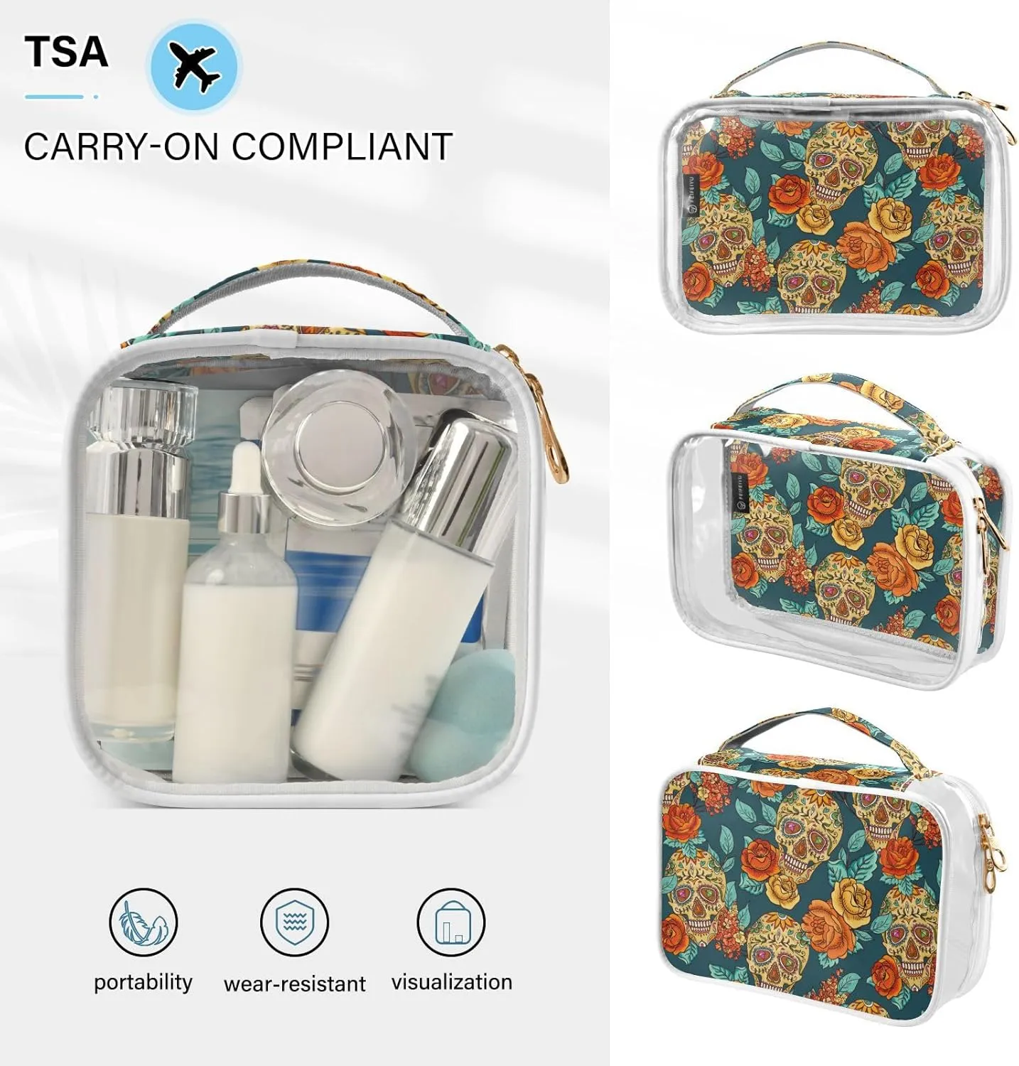 MNSRUU Clear Makeup Bags Skull and Flower Toiletry Bag for Women 2 PCS Waterproof Clear Bags Clear Travel Toiletry Bag Small Cosmetic Makeup Bag, Carry on Airport Airline Compliant Bag