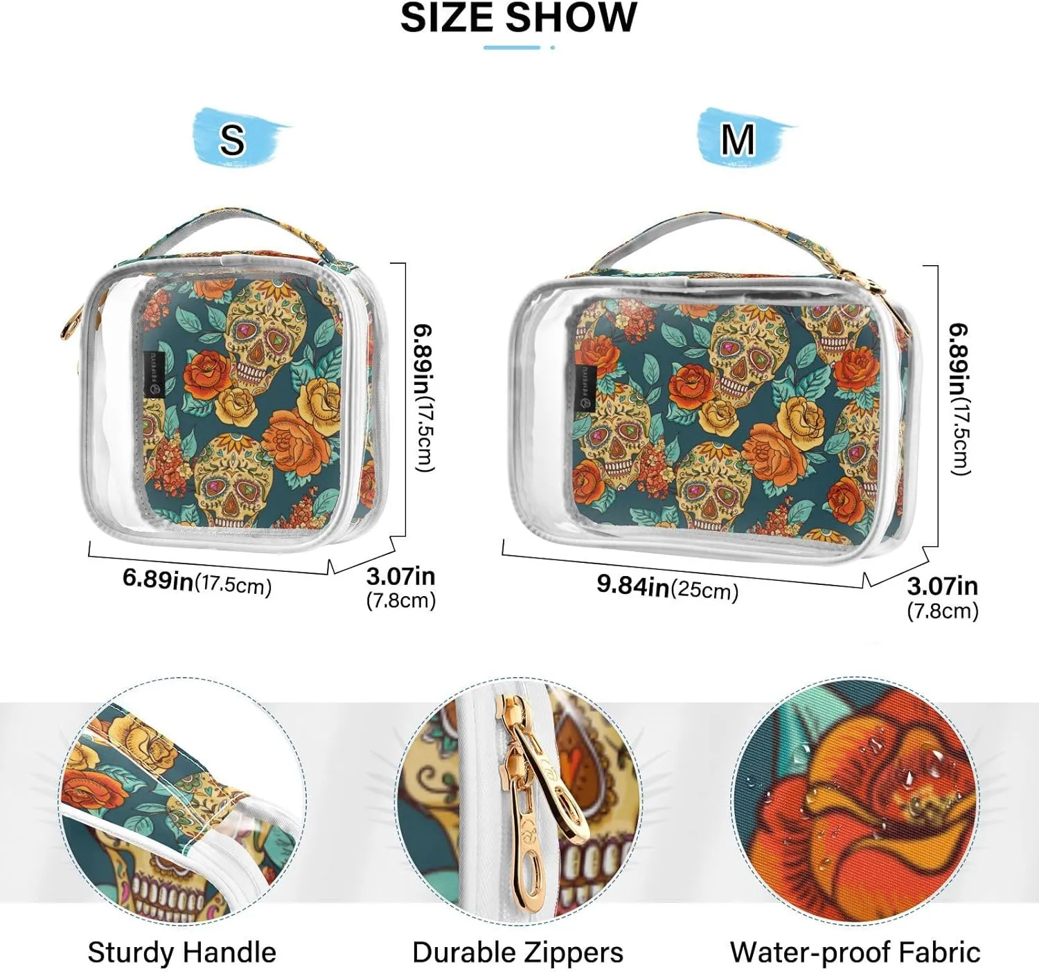 MNSRUU Clear Makeup Bags Skull and Flower Toiletry Bag for Women 2 PCS Waterproof Clear Bags Clear Travel Toiletry Bag Small Cosmetic Makeup Bag, Carry on Airport Airline Compliant Bag