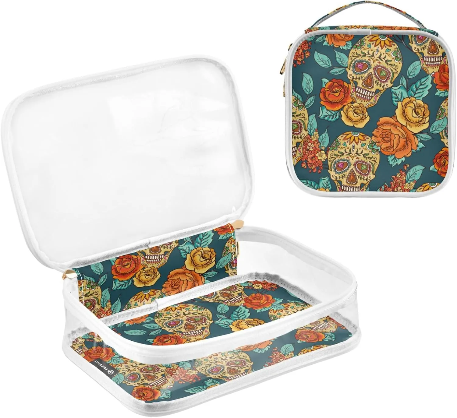 MNSRUU Clear Makeup Bags Skull and Flower Toiletry Bag for Women 2 PCS Waterproof Clear Bags Clear Travel Toiletry Bag Small Cosmetic Makeup Bag, Carry on Airport Airline Compliant Bag