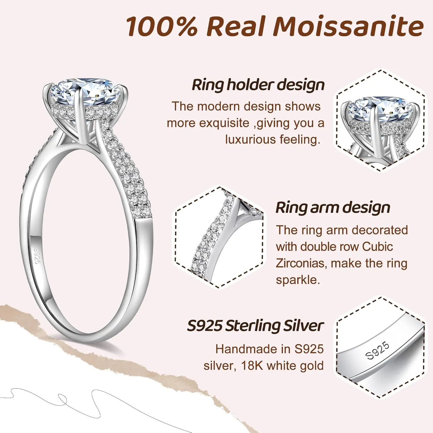 Moissanite Engagement Rings for Women,Promise Rings 925 Sterling Silver with 18K Yellow/White Gold Plated,D Color VVS1 Wedding Band Moissanite Ring 0.5/1/1.5/2/3/4CT