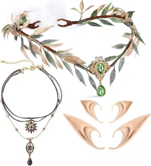 MOSTORY Renaissance Accessories Set Women - 4 Pcs Woodland Fairy Crown Layered Necklace Star Pedant Choker with Elf Ears Set for Renfaire Cotume Halloween Fairy Outfit Fantasy Cosplay