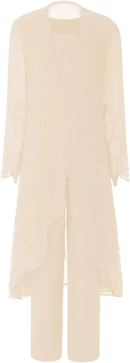 Mother of Brides Pant Suits Chiffon Beads Women Pants Suits for Wedding 3pcs Plus Size