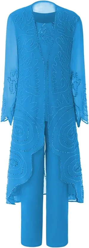 Mother of Brides Pant Suits Chiffon Beads Women Pants Suits for Wedding 3pcs Plus Size