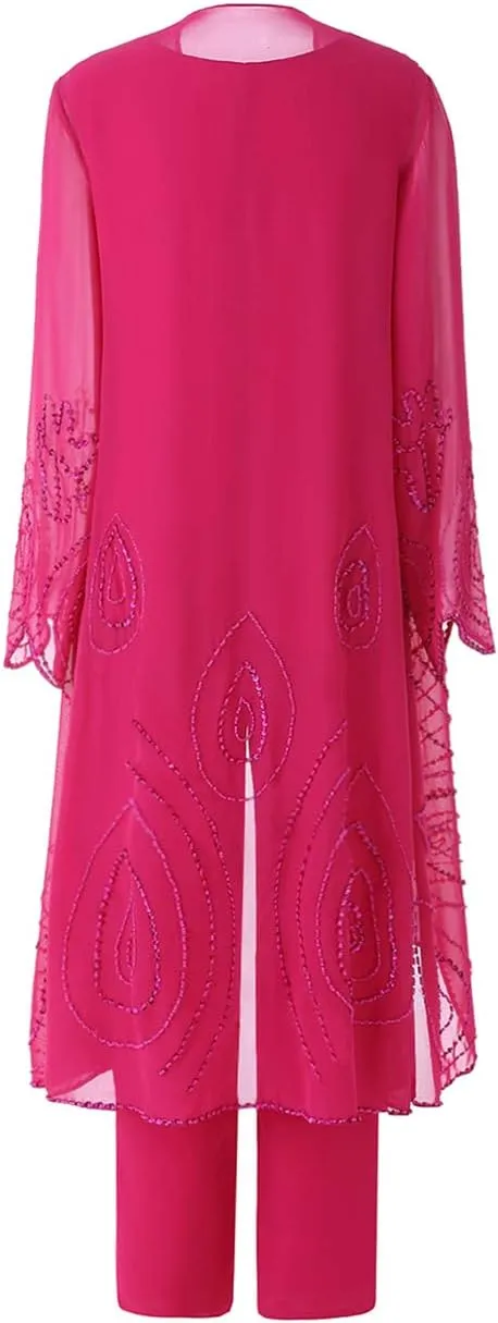 Mother of Brides Pant Suits Chiffon Beads Women Pants Suits for Wedding 3pcs Plus Size
