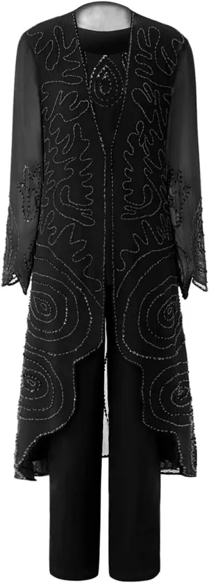 Mother of Brides Pant Suits Chiffon Beads Women Pants Suits for Wedding 3pcs Plus Size