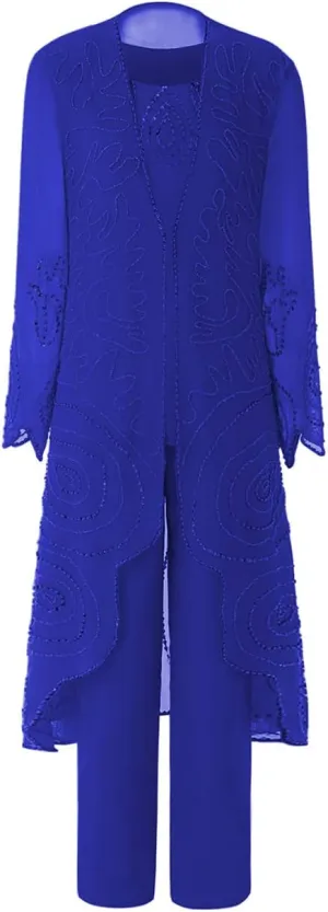 Mother of Brides Pant Suits Chiffon Beads Women Pants Suits for Wedding 3pcs Plus Size