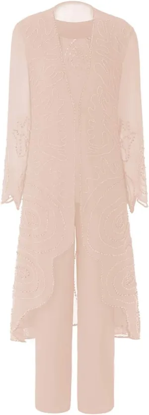 Mother of Brides Pant Suits Chiffon Beads Women Pants Suits for Wedding 3pcs Plus Size
