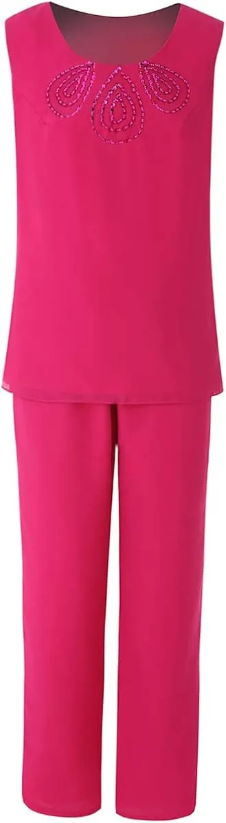 Mother of Brides Pant Suits Chiffon Beads Women Pants Suits for Wedding 3pcs Plus Size