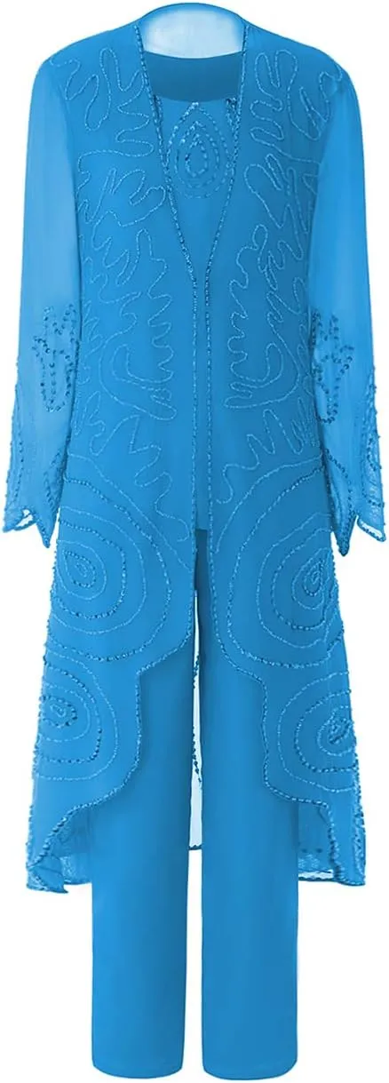 Mother of Brides Pant Suits Chiffon Beads Women Pants Suits for Wedding 3pcs Plus Size
