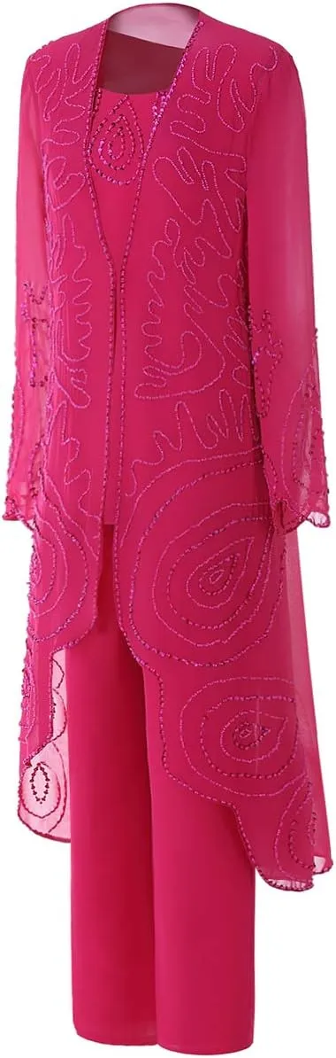 Mother of Brides Pant Suits Chiffon Beads Women Pants Suits for Wedding 3pcs Plus Size