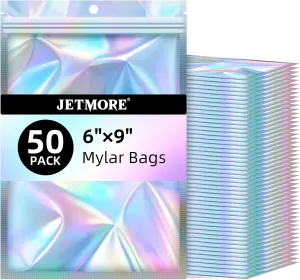 Mylar Bags, 50 PCS Resealable Bags-6x9in, Holographic Bags for Party Favors, Little Bag for Jewelry, Sealable Bag for Papers, Souvenirs, Dispensary Packaging for Edibles, Mothers Day Gifts