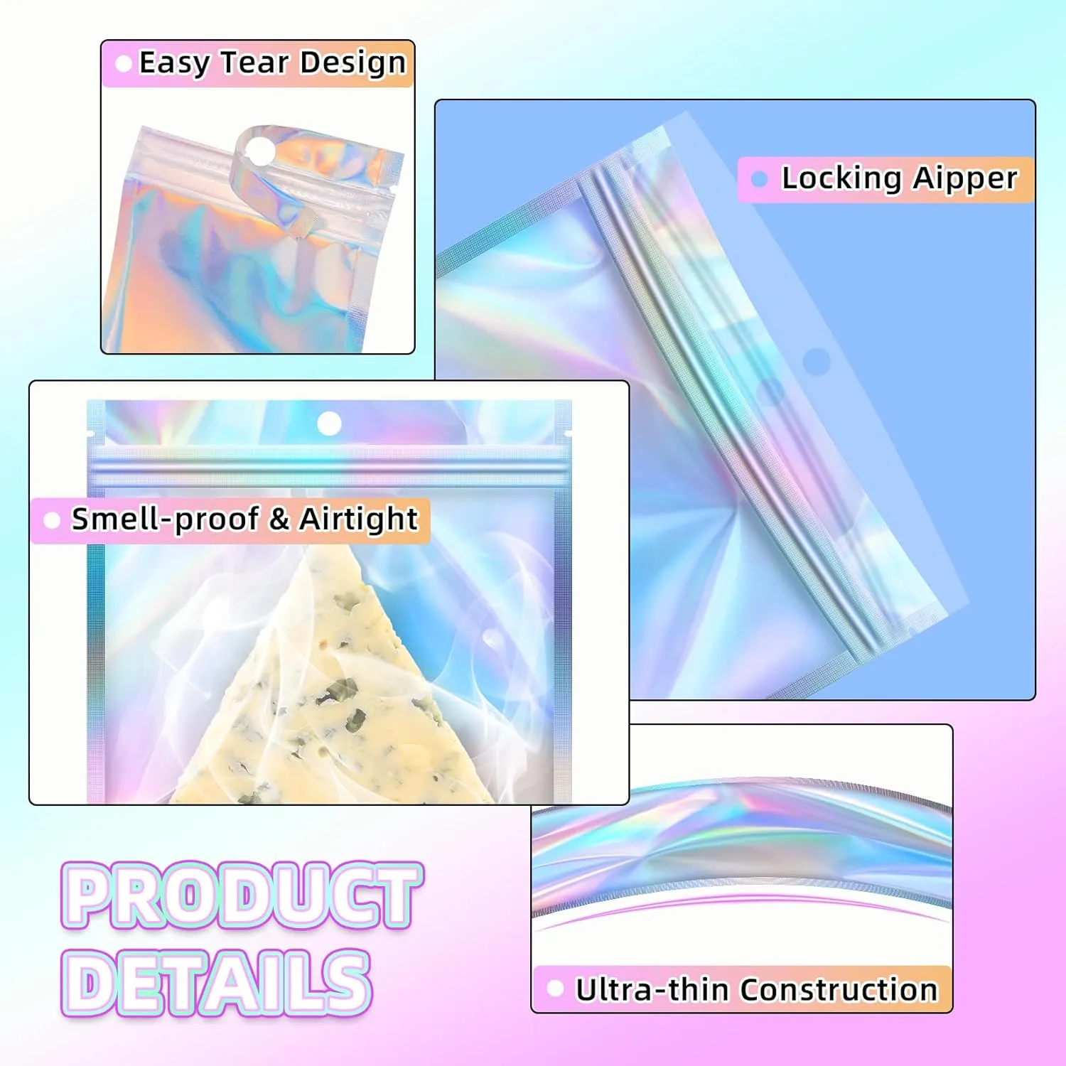 Mylar Bags, 50 PCS Resealable Bags-6x9in, Holographic Bags for Party Favors, Little Bag for Jewelry, Sealable Bag for Papers, Souvenirs, Dispensary Packaging for Edibles, Mothers Day Gifts
