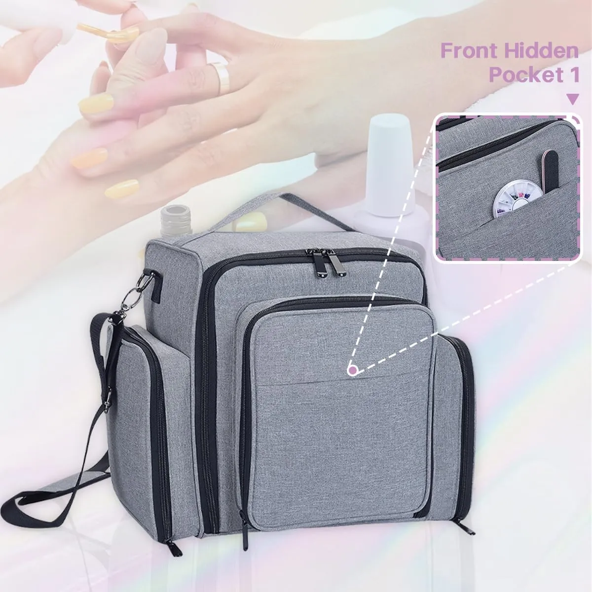 Nail Polish Organizer Holds 60 Bottles and a Nail Lamp,Portable Travel Case with 2 Removable Bags and Tools Storage Pockets Grey