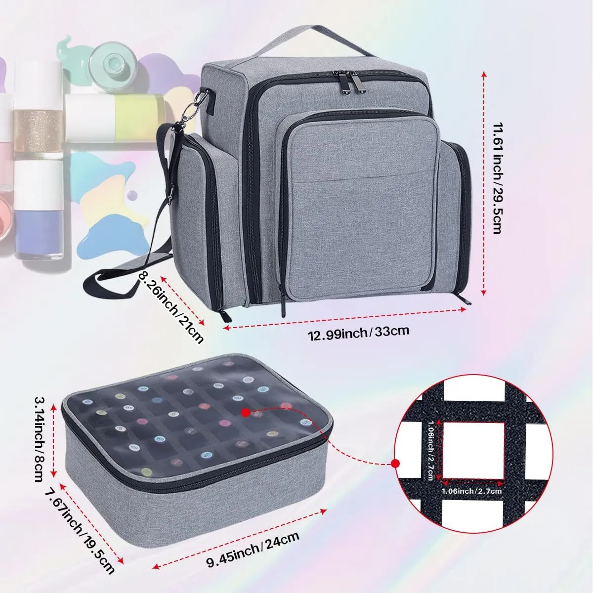 Nail Polish Organizer Holds 60 Bottles and a Nail Lamp,Portable Travel Case with 2 Removable Bags and Tools Storage Pockets Grey