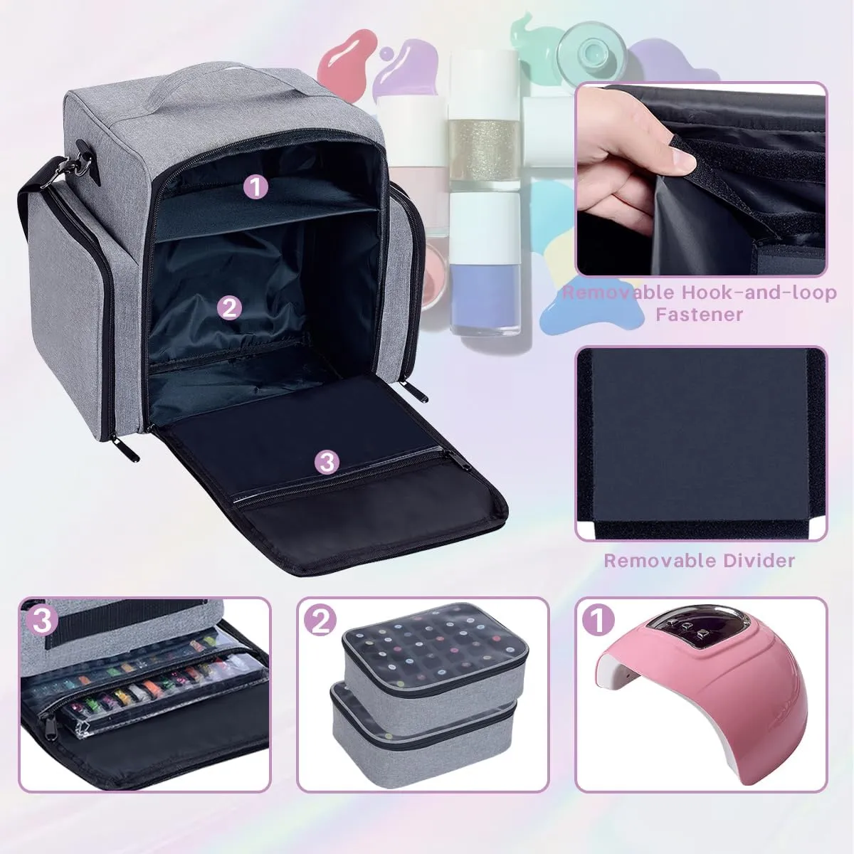 Nail Polish Organizer Holds 60 Bottles and a Nail Lamp,Portable Travel Case with 2 Removable Bags and Tools Storage Pockets Grey
