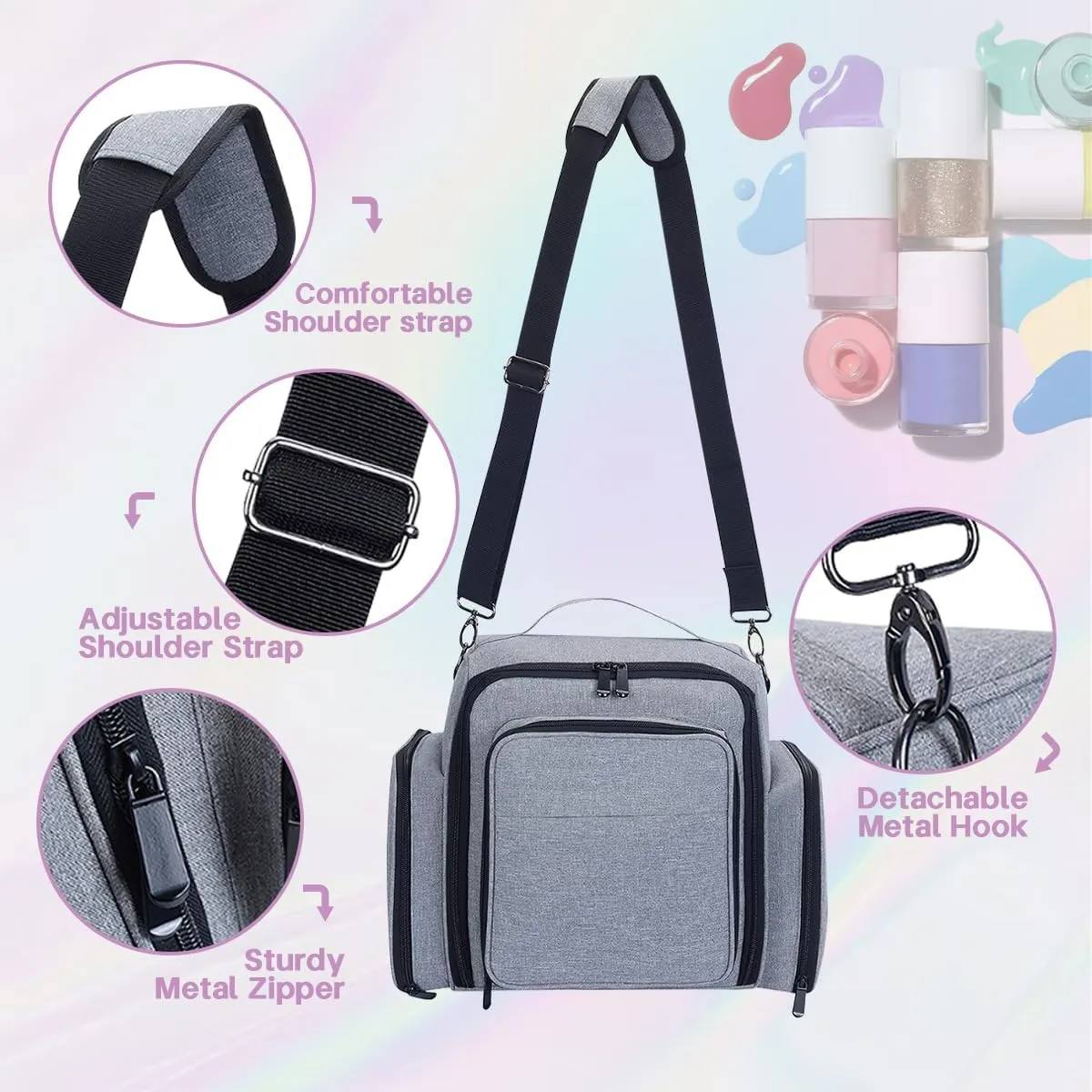Nail Polish Organizer Holds 60 Bottles and a Nail Lamp,Portable Travel Case with 2 Removable Bags and Tools Storage Pockets Grey