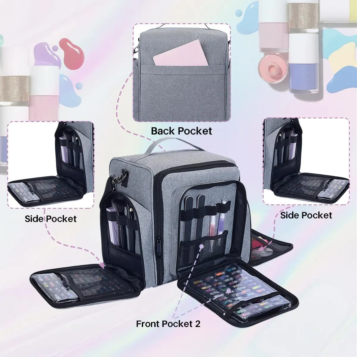 Nail Polish Organizer Holds 60 Bottles and a Nail Lamp,Portable Travel Case with 2 Removable Bags and Tools Storage Pockets Grey