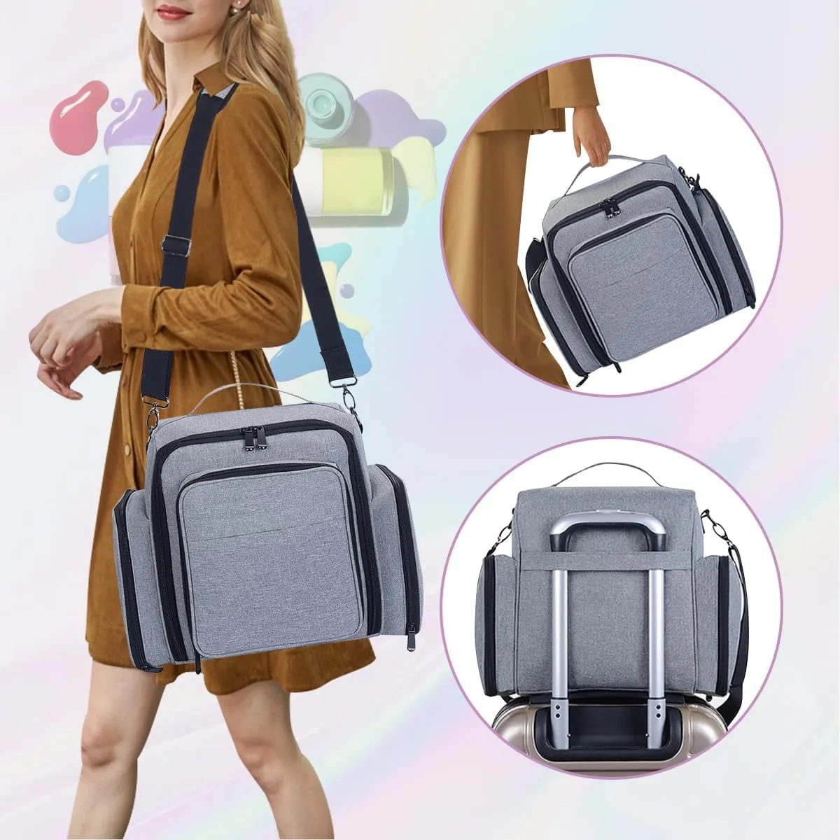 Nail Polish Organizer Holds 60 Bottles and a Nail Lamp,Portable Travel Case with 2 Removable Bags and Tools Storage Pockets Grey