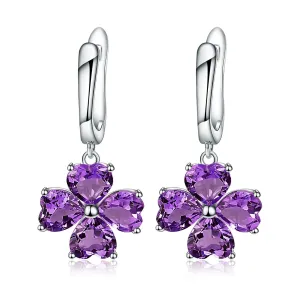 Natural Colourful Gemstone Clover Shape Silver Drop Earrings for Women