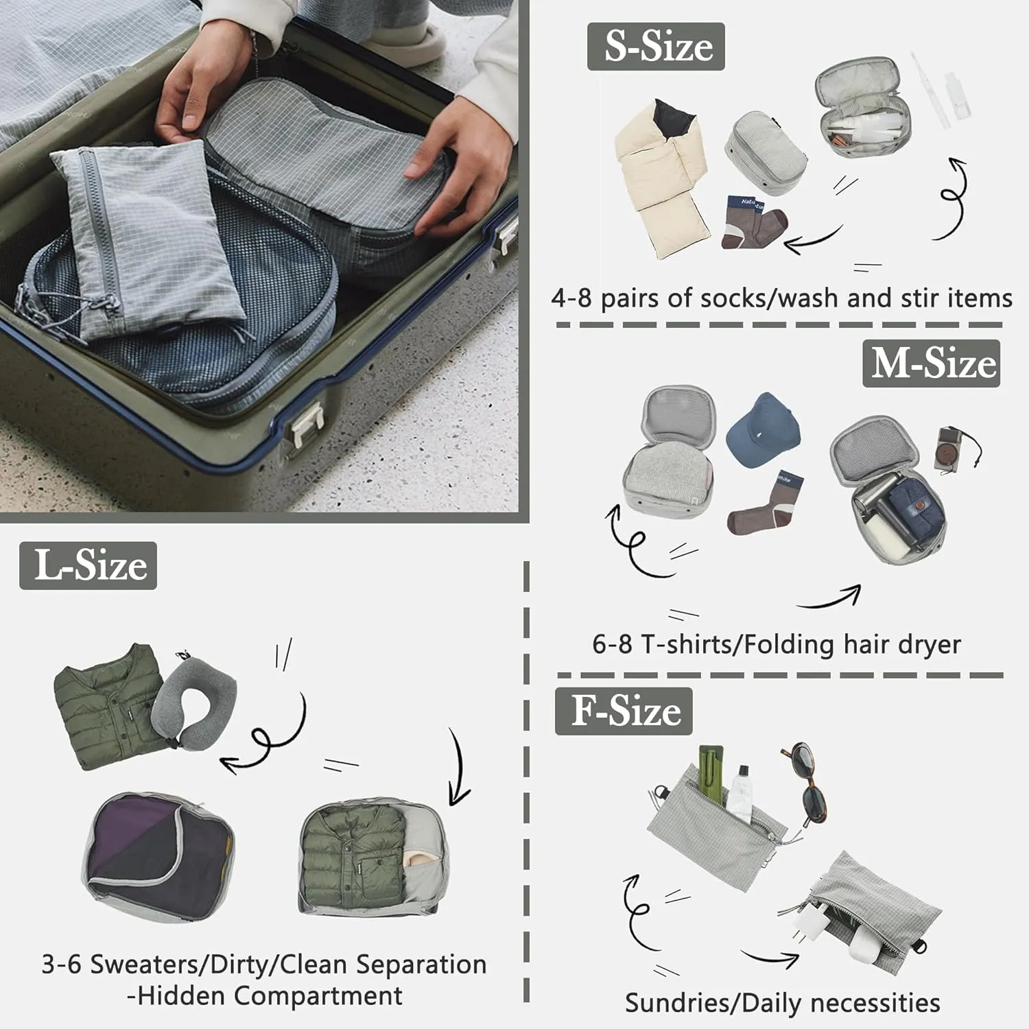 Naturehike Ultralight Machine-Washable 4 Sizes Packing Cubes, Women & Men Compression Packing Bags for Suitcases, Space-Saving Luggage Organizers, Trip Accessories for Travel Luggage (Purple, L)