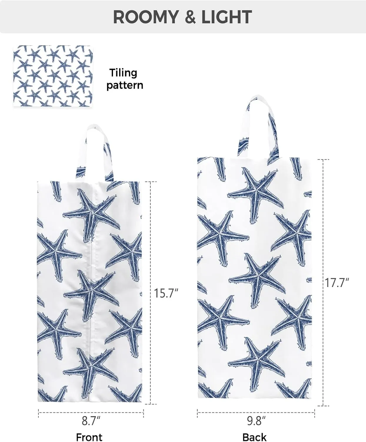Navy Blue Starflsh Shoe Bags,Large Travel Golf Shoes Pouch Bags Storage Organizer Accessories with Zipper & Handle for Men, Women, Kids, Traveling, Gym, Sport, Summer Ocean Beach Sea Star White