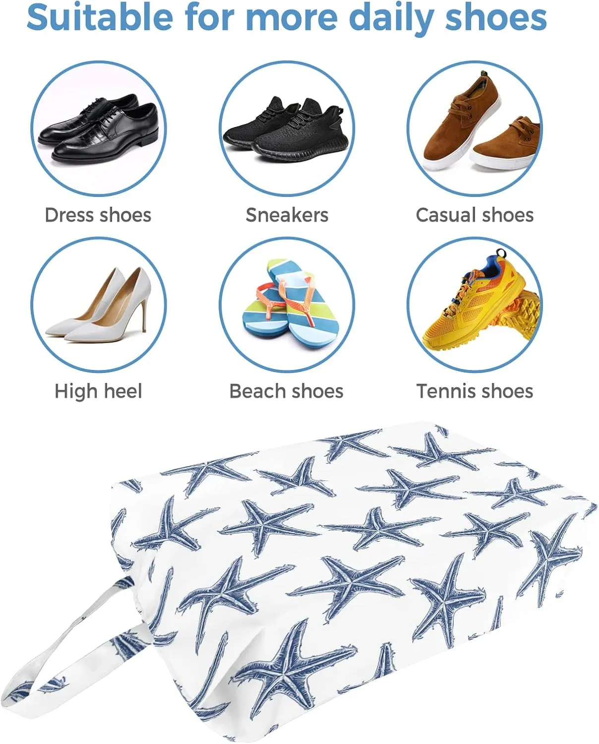 Navy Blue Starflsh Shoe Bags,Large Travel Golf Shoes Pouch Bags Storage Organizer Accessories with Zipper & Handle for Men, Women, Kids, Traveling, Gym, Sport, Summer Ocean Beach Sea Star White