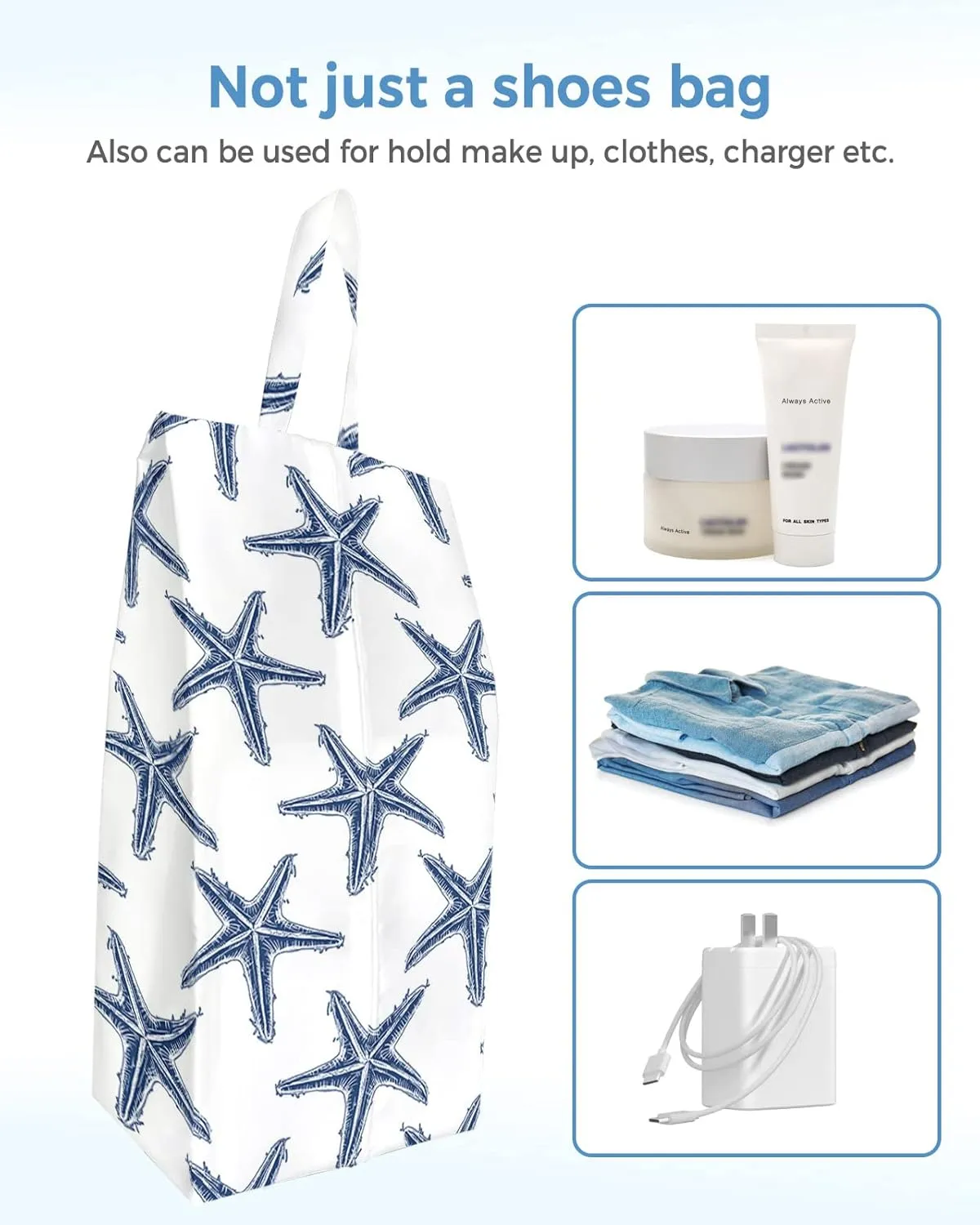 Navy Blue Starflsh Shoe Bags,Large Travel Golf Shoes Pouch Bags Storage Organizer Accessories with Zipper & Handle for Men, Women, Kids, Traveling, Gym, Sport, Summer Ocean Beach Sea Star White