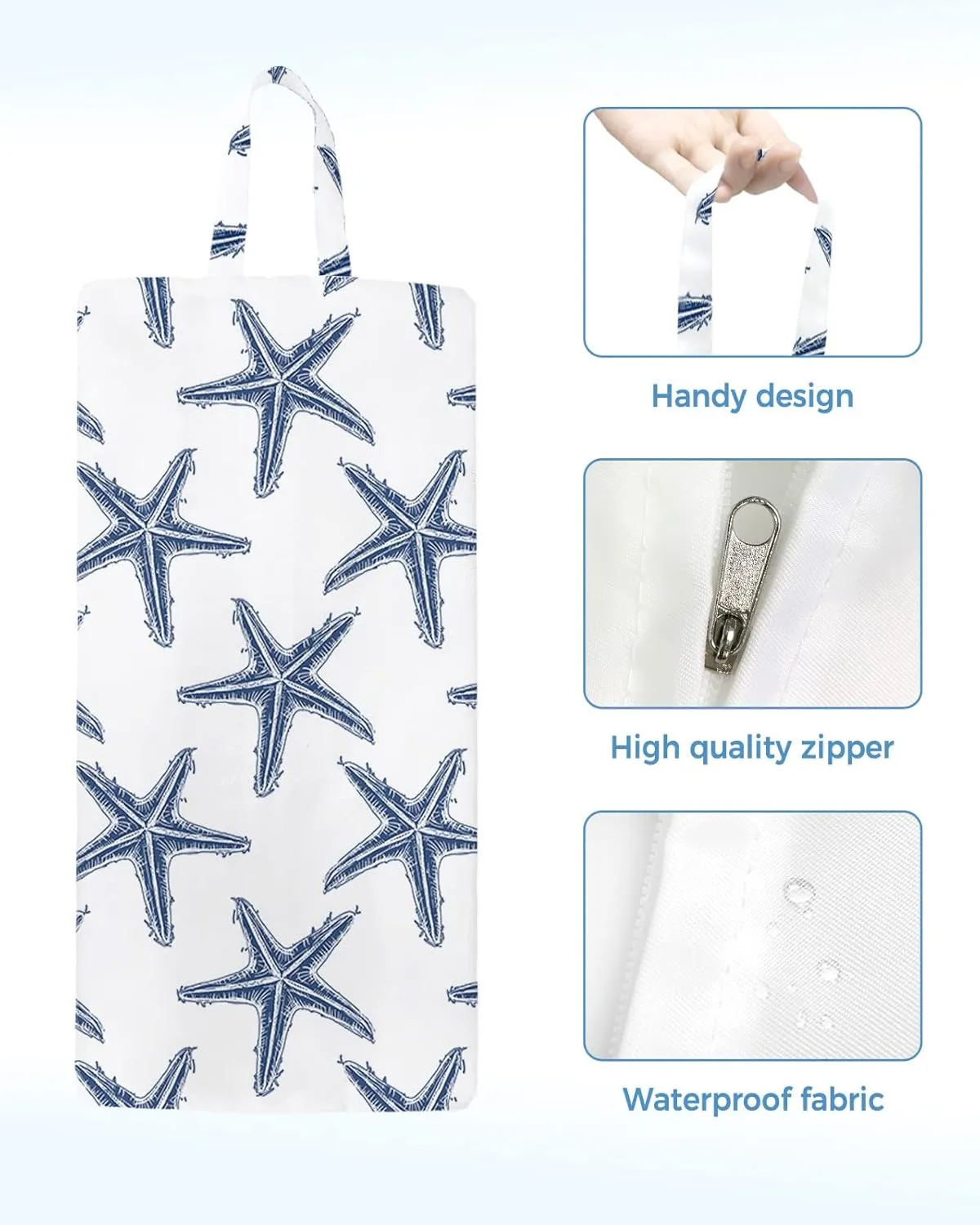 Navy Blue Starflsh Shoe Bags,Large Travel Golf Shoes Pouch Bags Storage Organizer Accessories with Zipper & Handle for Men, Women, Kids, Traveling, Gym, Sport, Summer Ocean Beach Sea Star White