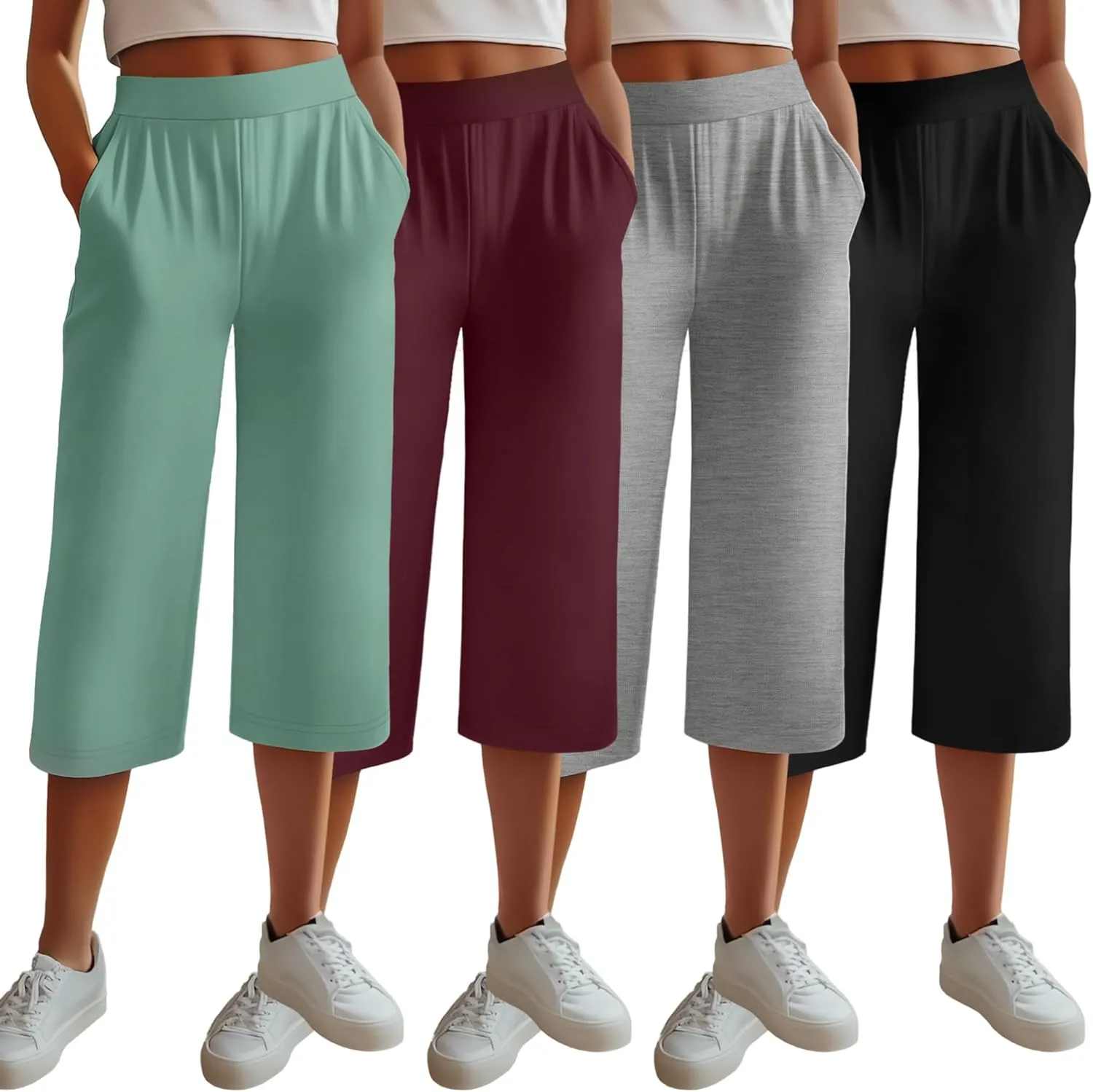Neer 4 Pack Women's Capri Pants, Lounge Wide Leg Yoga Sweatpants Loose Comfy Cotton Jogger Pants Workout Capris with Pockets