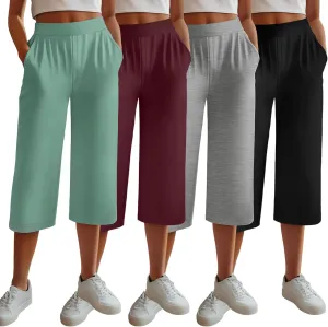 Neer 4 Pack Women's Capri Pants, Lounge Wide Leg Yoga Sweatpants Loose Comfy Cotton Jogger Pants Workout Capris with Pockets