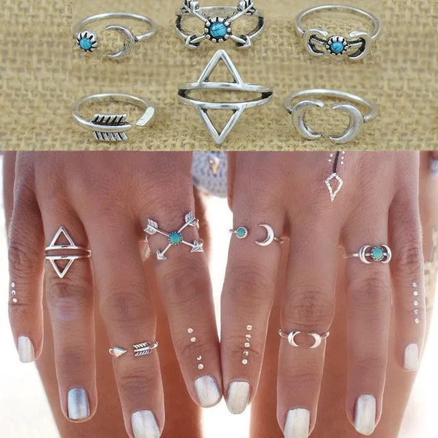 New Bohemia Vintage Punk Boho Rings For Women Beach Unique Carving Tibetan Silver Plated knuckle Joint Ring Set 6PCS/Set