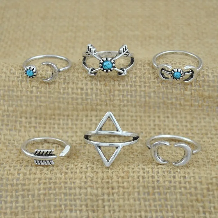 New Bohemia Vintage Punk Boho Rings For Women Beach Unique Carving Tibetan Silver Plated knuckle Joint Ring Set 6PCS/Set
