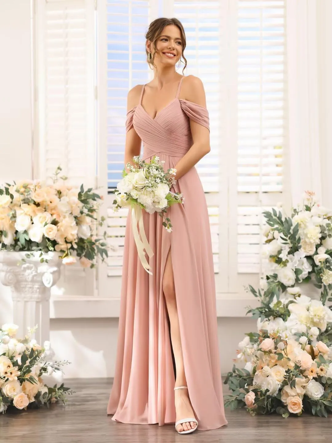 Off Shoulder Bridesmaid Dresses Long Slit 2025 Sweetheart Chiffon A Line Formal Party Dress with Pockets XOD010