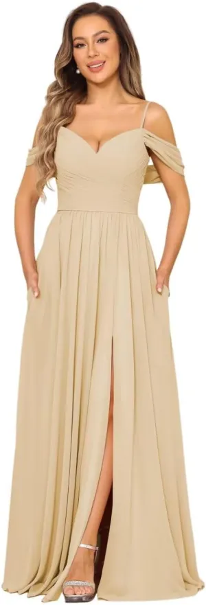 Off Shoulder Bridesmaid Dresses Long Slit 2025 Sweetheart Chiffon A Line Formal Party Dress with Pockets XOD010