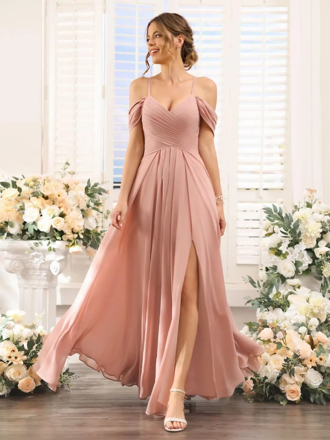 Off Shoulder Bridesmaid Dresses Long Slit 2025 Sweetheart Chiffon A Line Formal Party Dress with Pockets XOD010