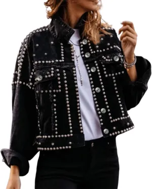 Omoone Women's Long Sleeve Rivet Studded Denim Jacket Casual Pearl Short Jean Coat Concert Nashville Outfits