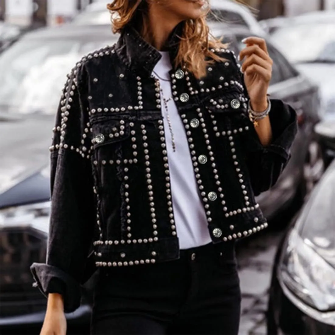 Omoone Women's Long Sleeve Rivet Studded Denim Jacket Casual Pearl Short Jean Coat Concert Nashville Outfits