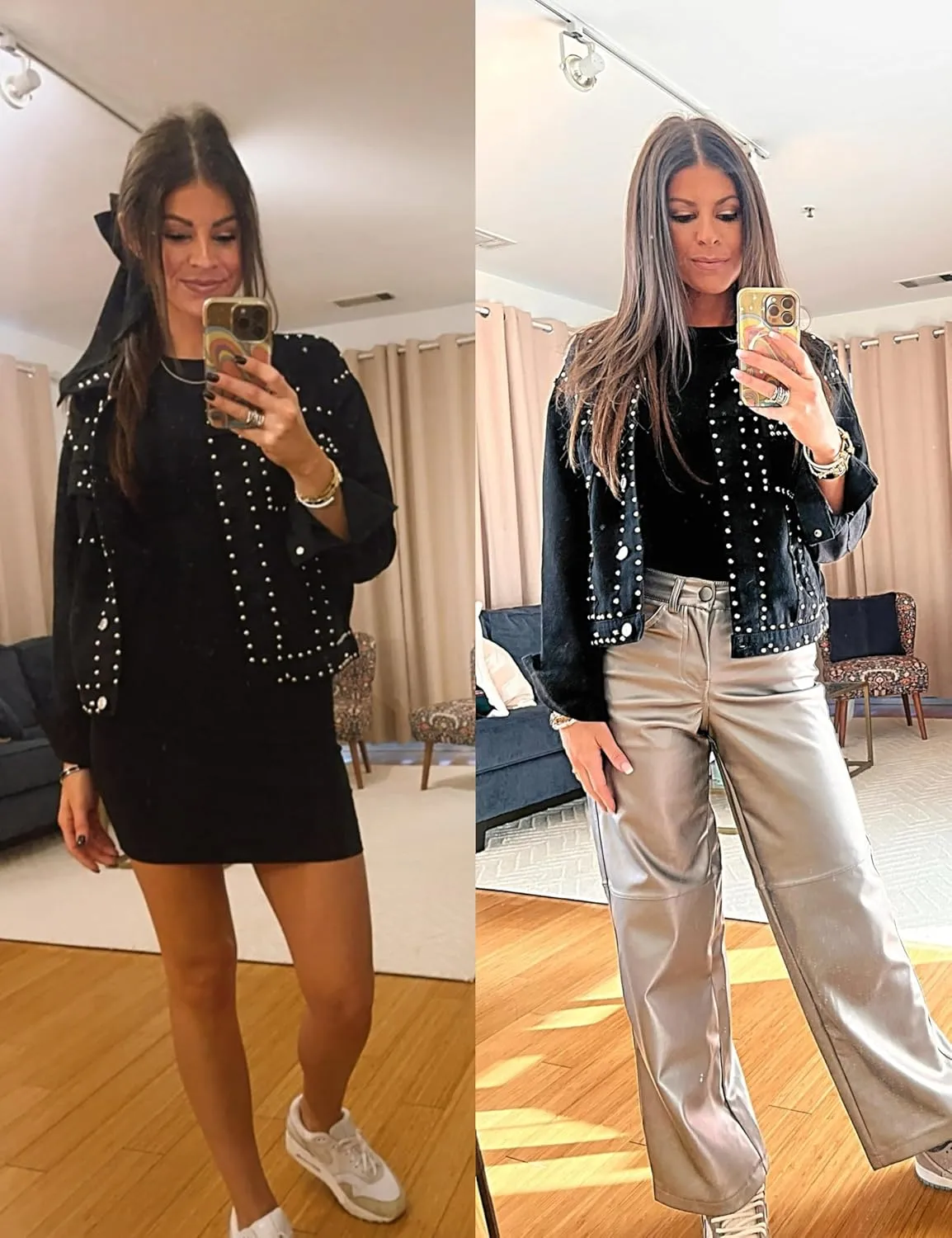 Omoone Women's Long Sleeve Rivet Studded Denim Jacket Casual Pearl Short Jean Coat Concert Nashville Outfits