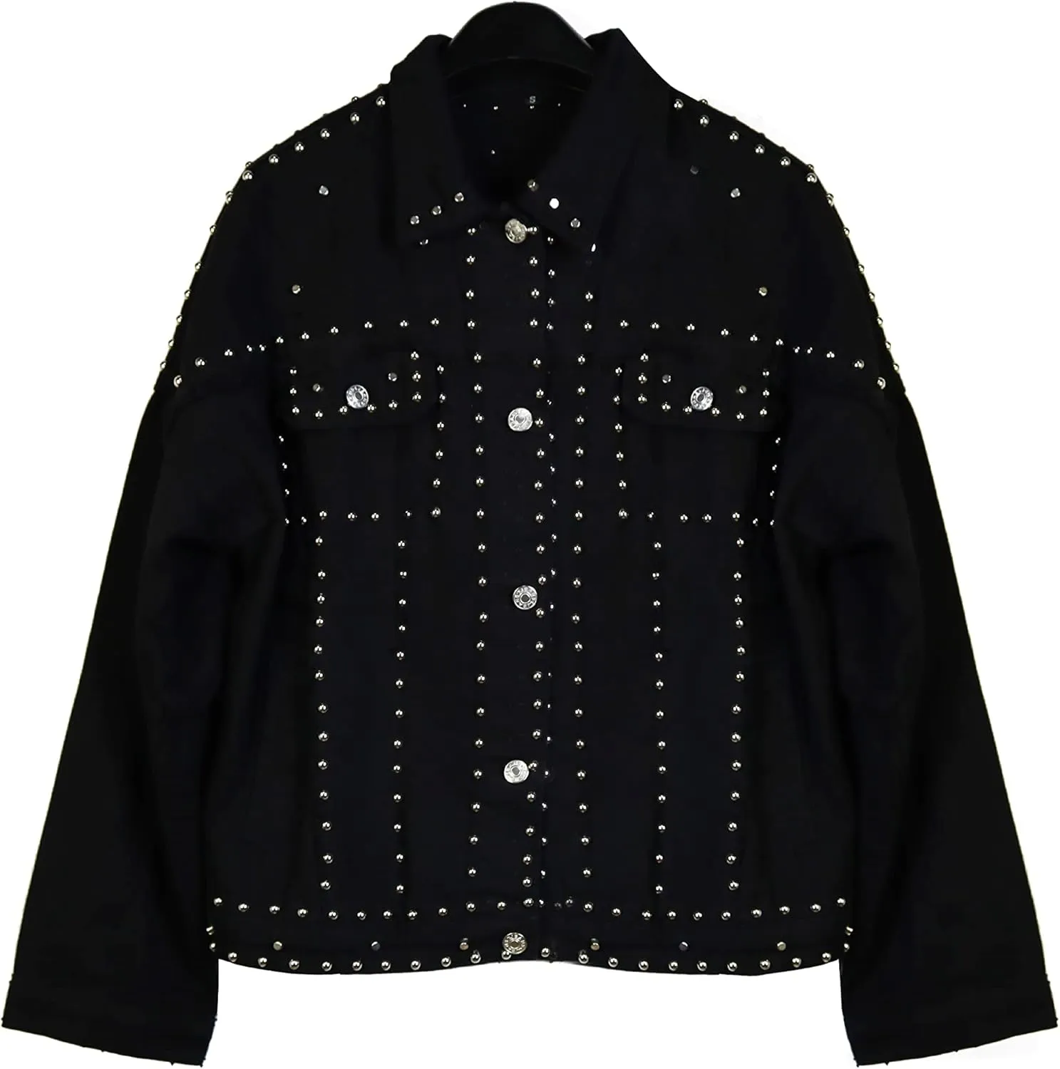 Omoone Women's Long Sleeve Rivet Studded Denim Jacket Casual Pearl Short Jean Coat Concert Nashville Outfits
