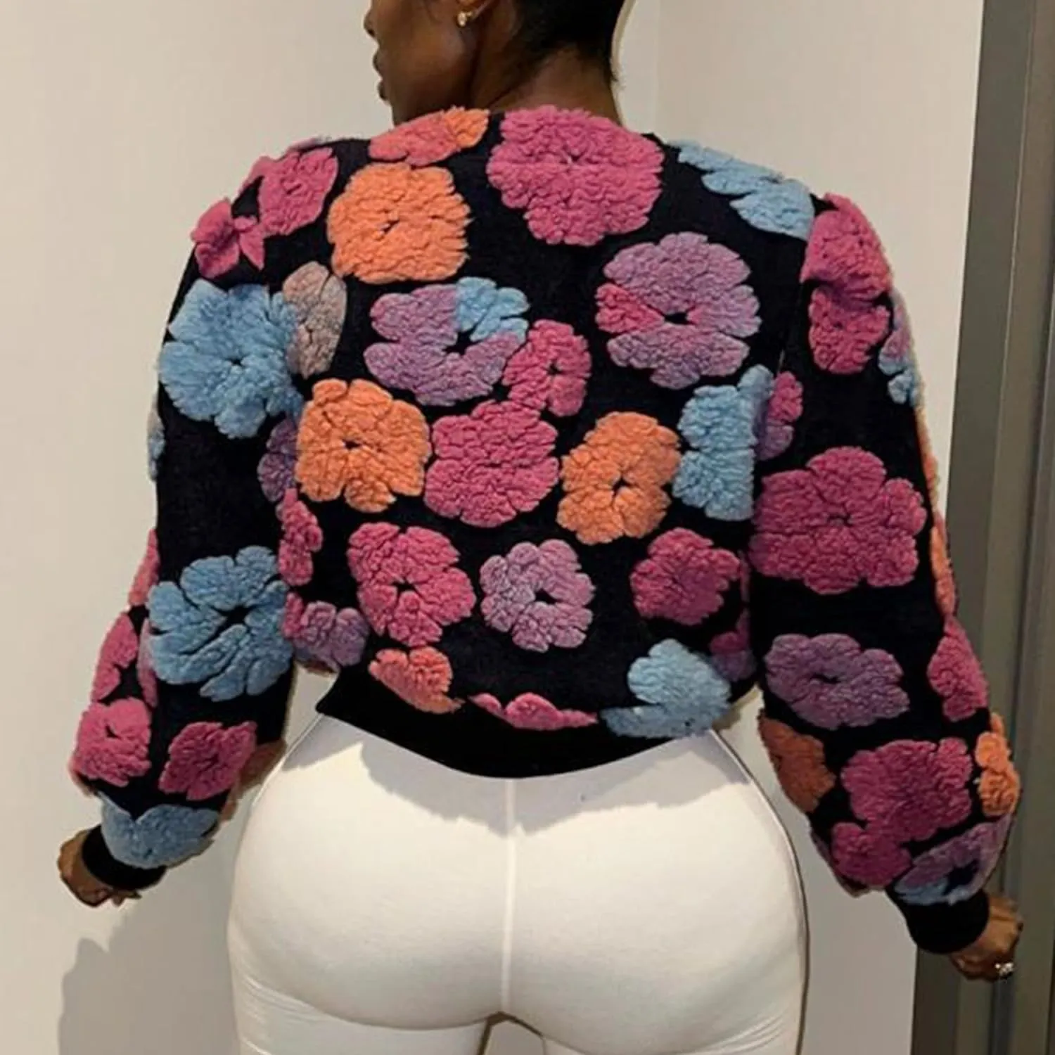 OPCAKM Women's Cropped Floral Print Shacket Jackets Round Neck Long Sleeve Bomber Coat Outerwears