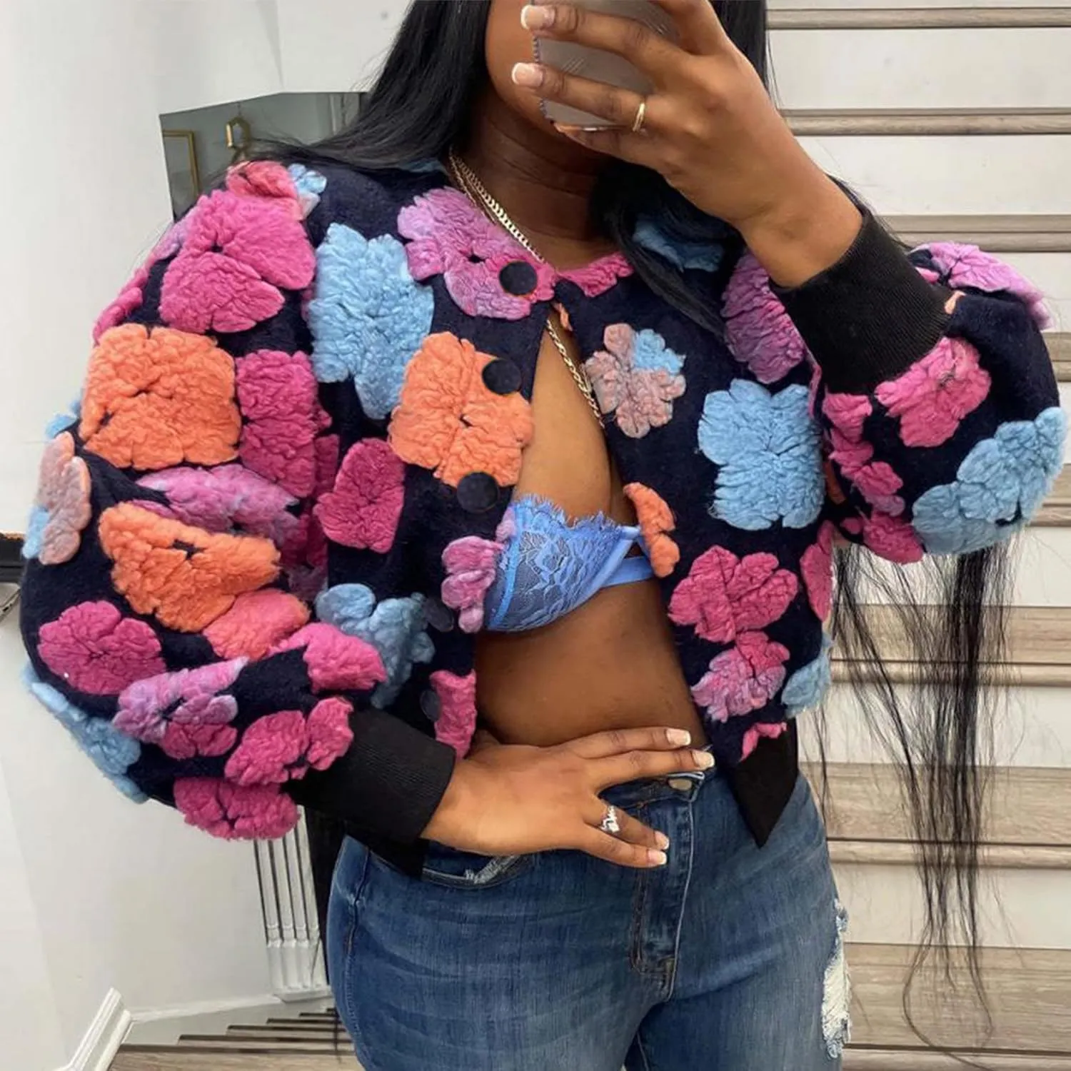 OPCAKM Women's Cropped Floral Print Shacket Jackets Round Neck Long Sleeve Bomber Coat Outerwears