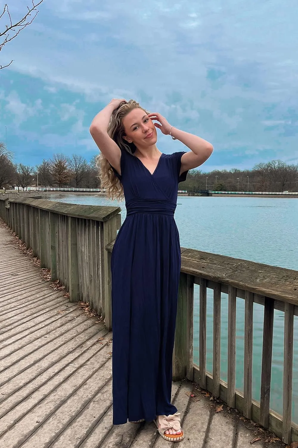 OUGES Women's Long/Short Sleeve V-Neck Wrap Waist Maxi Dress