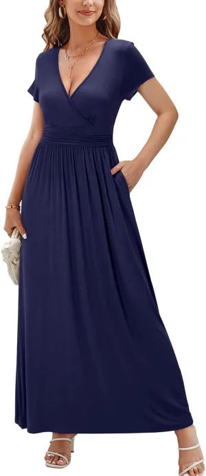OUGES Women's Long/Short Sleeve V-Neck Wrap Waist Maxi Dress