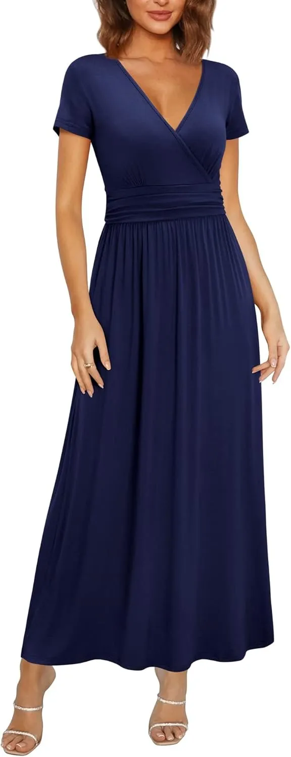OUGES Women's Long/Short Sleeve V-Neck Wrap Waist Maxi Dress