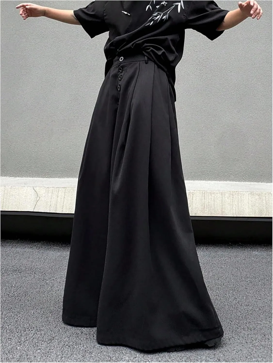 OYOANGLE Men's Baggy Wide Leg Pants Button Front Pleated Long Trousers Zipper Fly Palazzo Pants Streetwear