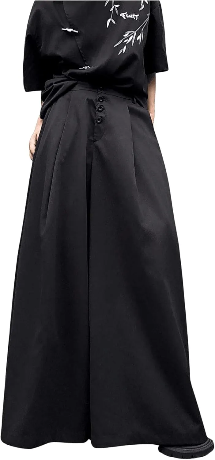 OYOANGLE Men's Baggy Wide Leg Pants Button Front Pleated Long Trousers Zipper Fly Palazzo Pants Streetwear