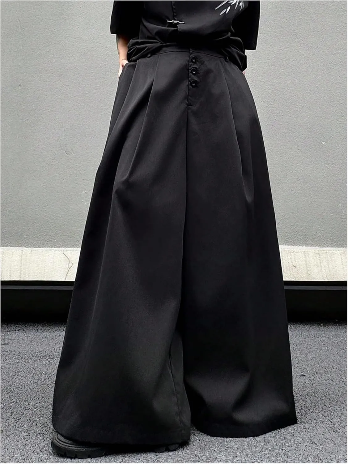 OYOANGLE Men's Baggy Wide Leg Pants Button Front Pleated Long Trousers Zipper Fly Palazzo Pants Streetwear