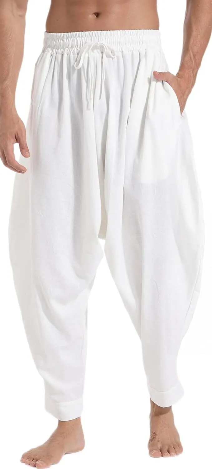 PACEIADTA Mens Casual Harem Pants Baggy Aladdin Hippie Elastic Waist Drop Crotch Trousers