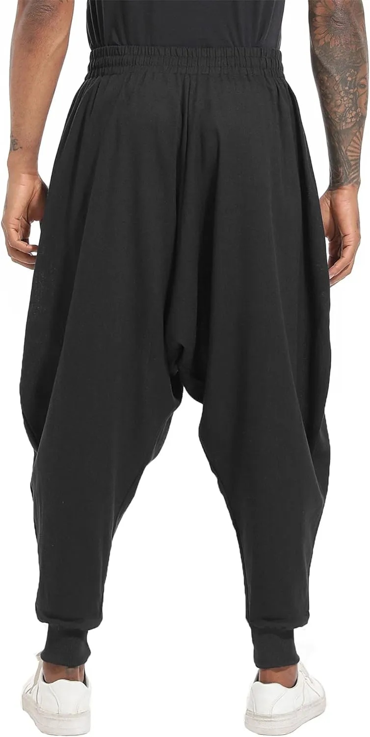 PACEIADTA Mens Casual Harem Pants Baggy Aladdin Hippie Elastic Waist Drop Crotch Trousers