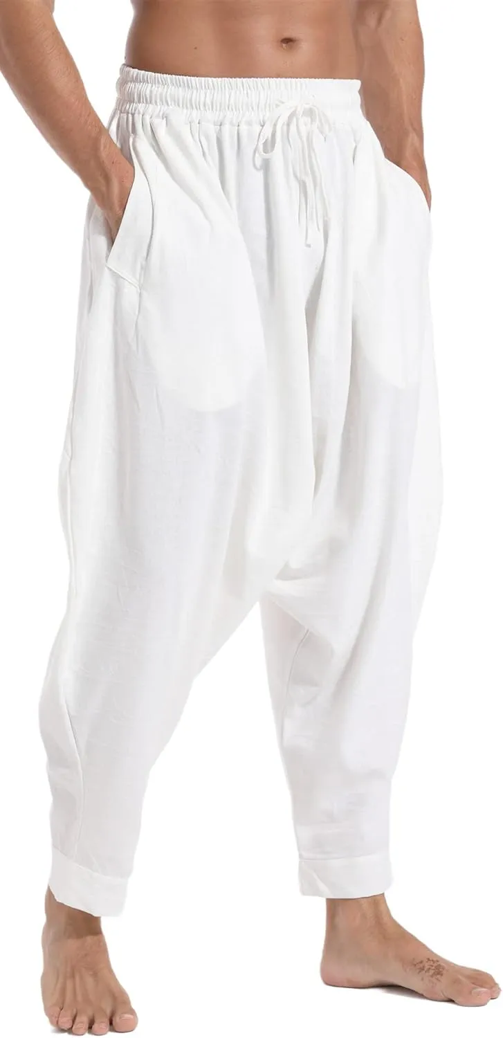 PACEIADTA Mens Casual Harem Pants Baggy Aladdin Hippie Elastic Waist Drop Crotch Trousers